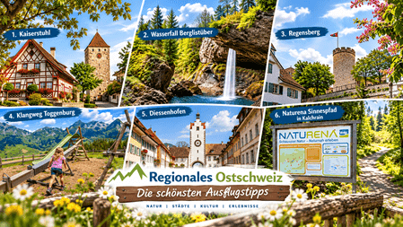 Sechs Ausflugstipps – sechs Erlebnisse mit Regionales Ostschweiz Entdecken Sie mit Regionales Ostschweiz sechs abwechslungsreiche Ausflugsziele, die Geschichte, Natur und besondere Erlebnisse miteinander verbinden. Schlendern Sie durch die mittelalterlichen Gassen von Kaiserstuhl und Regensberg, geniessen Sie den Charme von Diessenhofen direkt am Rhein, lassen Sie sich vom Wasserfall Berglistüber beeindrucken, entdecken Sie die faszinierende Klangwelt des Toggenburgs oder erleben Sie den Wald auf dem Naturena Sinnespfad in Kalchrain mit allen Sinnen. Ob gemütlicher Stadtbummel, eindrucksvolle Naturkulisse, abwechslungsreiche Wanderung oder Erlebnis für die ganze Familie – hier finden Sie Inspiration für kleine Auszeiten und unvergessliche Momente in der Schweiz. Lassen Sie sich inspirieren und entdecken Sie Ihre nächsten Ausflugsziele mit Regionales Ostschweiz! &#55357&#56393 Alle Ausflugstipps und weitere Informationen: www.regionales-ostschweiz.ch