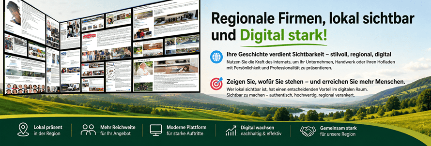 Regionale Firmen, lokal sichtbar und Digital stark! Ihre Geschichte verdient Sichtbarkeit – stilvoll, regional, digital Nutzen Sie die Kraft des Internets, um Ihr Un­ter­neh­men, Hand­werk oder Ihren Hof­la­den mit Per­sön­lich­keit und Pro­fes­si­ona­lität zu präsentieren. Zeigen Sie, wofür Sie stehen – und erreichen Sie mehr Menschen. Jetzt ist der Moment, Ihre un­ver­wech­sel­bare Iden­ti­tät im di­gi­talen Raum sicht­bar zu machen – au­then­tisch, hoch­wer­tig, re­gi­onal ver­an­kert.