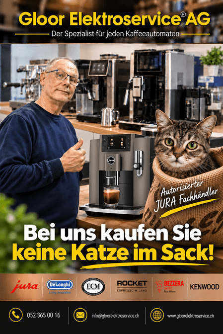 Bei uns kaufen Sie keine Katze im Sack.  Eine Kaffeemaschine sollte nicht nur beim Kauf überzeugen – sondern auch danach.  Deshalb setzen wir auf persönliche Beratung, Qualität und langfristigen Service. Mit über 30 Jahren Erfahrung wissen wir, worauf es bei Kaffeemaschinen wirklich ankommt und helfen Ihnen, die passende Maschine für Ihre Bedürfnisse zu finden.  Ob Vollautomat, Siebträgermaschine oder andere Kaffeemaschine – wir führen verschiedene Marken und beraten Sie unabhängig. Als autorisierter JURA Fachhändler bieten wir Ihnen zudem kompetente Unterstützung rund um JURA Kaffeemaschinen. Und wenn nach dem Kauf einmal etwas nicht funktioniert: Wir sind auch danach für Sie da. Mit fachgerechtem Service, Wartung und Reparaturen sorgen wir dafür, dass Ihre Kaffeemaschine möglichst lange zuverlässig ihren Dienst tut.  30 Jahre Erfahrung. Persönliche Beratung. Service und Reparatur auch nach dem Kauf.  Gloor Elektroservice AG, damit Sie eben keine Katze im Sack kaufen.  Gloor Elektroservice AG, Morgentalstrasse 42, 8355 Aadorf 052 365 00 16 www.gloorelektroservice.ch
