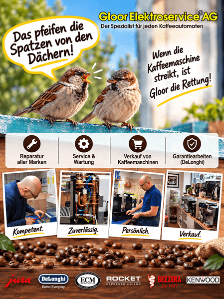 Das pfeifen die Spatzen von den Dächern: Wenn die Kaffeemaschine streikt, ist Gloor zur Stelle! Die Gloor Elektroservice AG in Aadorf ist Ihr Ansprechpartner für Kaffeemaschinen und Kaffeevollautomaten. Wir bieten Verkauf, Beratung, Service und Reparatur verschiedener Marken und Modelle, sofern Ersatzteile erhältlich sind. Als autorisierter JURA Fachhändler beraten wir Sie gerne rund um JURA Kaffeemaschinen. Zudem sind wir autorisierter DeLonghi-Servicepartner und führen DeLonghi-Garantiearbeiten durch – unabhängig davon, wo Sie Ihre Maschine gekauft haben. Während der Reparatur erhalten Sie kostenlos ein Leihgerät, solange vorrätig. Auch passende Pflegeprodukte und Entkalker erhalten Sie direkt bei uns.