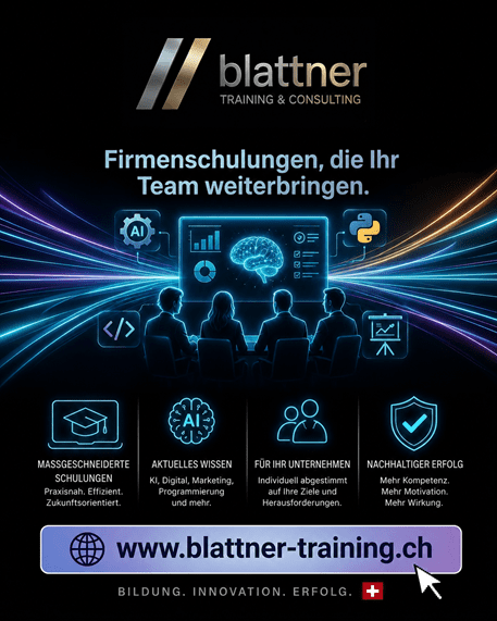Firmenschulungen, die Ihr Team weiterbringen. Die digitale Arbeitswelt entwickelt sich rasant – sorgen Sie dafür, dass Ihr Unternehmen Schritt hält. Mit massgeschneiderten Firmenschulungen von Blattner Training & Consulting stärken Sie die Kompetenzen Ihrer Mitarbeitenden in den Bereichen KI, Digitalisierung, Microsoft 365, Marketing, Programmierung und moderne Arbeitsmethoden.