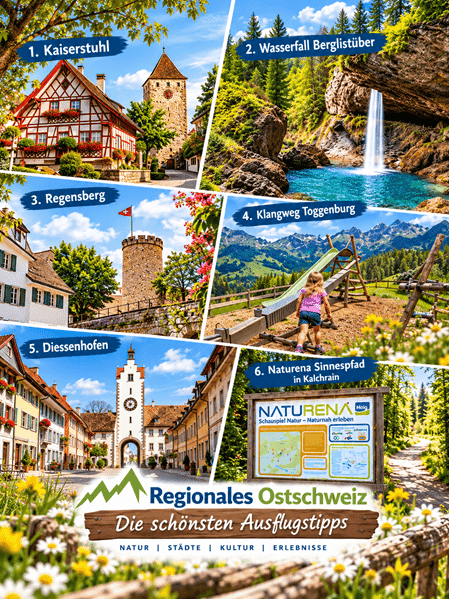 Collage mit sechs Ausflugstipps: Kaiserstuhl, Wasserfall Berglistüber, Regensberg, Klangweg Toggenburg, Diessenhofen und Naturena Sinnespfad in Kalchrain. Die Bilder zeigen historische Orte, einen Wasserfall, Bergpanorama, einen Erlebnisweg und Waldlandschaften. Im unteren Bereich steht „Regionales Ostschweiz – Die schönsten Ausflugstipps“.