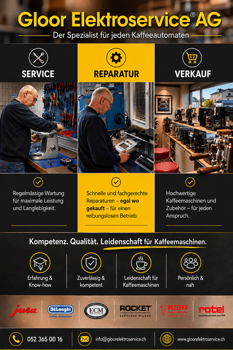 Kaffeemaschine defekt? Wir bringen sie wieder zum Laufen. Ob Vollautomat, Siebträgermaschine oder Kaffeemühle – die Gloor Elektroservice AG ist Ihr Spezialist für Service, Reparatur und Verkauf von Kaffeemaschinen.