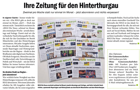 Ihre Zeitung für den Hinterthurgau - Zweimal pro Woche statt nur einmal im Monat – jetzt abonnieren und nichts verpassen!