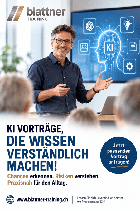 Werbebild von Blattner Training für KI-Vorträge: Referent präsentiert vor einem Publikum, im Hintergrund eine digitale KI-Grafik. Text: „KI Vorträge, die Wissen verständlich machen! Chancen erkennen. Risiken verstehen. Praxisnah für den Alltag.“ Dazu Website und Hinweis zur Vortragsanfrage.