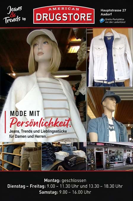 Mode mit Persönlichkeit – direkt aus Aadorf. Bei uns finden Damen und Herren ausgewählte Jeans, moderne Trends und echte Lieblingsstücke für jeden Tag. Ob lässig, elegant oder zeitlos – entdecke Mode, die zu dir passt und deinen eigenen Stil unterstreicht. Besuche den American Drugstore an der Hauptstrasse 27 in Aadorf und lass dich persönlich beraten. Mit viel Gespür für Trends, Qualität und Individualität findest du bei uns Mode mit Charakter – unkompliziert, authentisch und nah. American Drugstore – American Style. Local Heart.