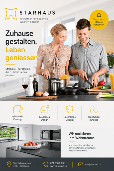 Zuhause gestalten. Leben geniessen. Ein Zuhause soll mehr sein als vier Wände – es soll zu Ihrem Leben passen. STARHAUS baut Häuser und begleitet Sie von der ersten Idee bis zur individuellen Umsetzung. Dabei entstehen Räume, in denen modernes Design, Qualität und persönliches Wohlfühlen zusammenkommen. ✨ Individuelle Planung ✨ Modernes Design ✨ Nachhaltige Qualität ✨ Wohlfühlen zuhause Wir realisieren Ihre Wohnträume. Lassen Sie uns gemeinsam Ihr Zuhause gestalten! Eisenbahnstrasse 41, 9400 Rorschach