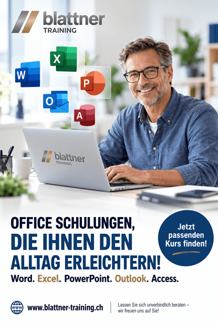 Werbebild von Blattner Training für Office-Schulungen mit einem Referenten am Laptop und Symbolen für Word, Excel, PowerPoint, Outlook und Access. Text: „Office Schulungen, die Ihnen den Alltag erleichtern!“ mit Hinweis auf passende Kurse und die Website