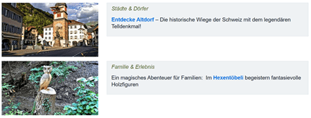 Ausflugsziele entdecken: Historisches Altdorf mit Tell-Denkmal und das familienfreundliche Hexentöbeli mit fantasievollen Holzfiguren.
