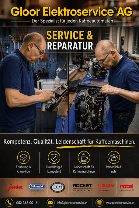 Werbebanner der Gloor Elektroservice AG mit dem Slogan „Der Spezialist für jeden Kaffeeautomaten“. Im Mittelpunkt stehen zwei grossformatige Bilder eines Servicetechnikers bei der Wartung und Reparatur von Kaffeevollautomaten in einer modern ausgestatteten Werkstatt. Darüber befindet sich der auffällige Titel „SERVICE & REPARATUR“ in Gelb und Weiss. Darunter sind die Herstellerlogos von Jura, De'Longhi, ECM, Rocket Espresso, Bezzera und Rotel abgebildet. Im unteren Bereich folgt der Slogan „Kompetenz. Qualität. Leidenschaft für Kaffeemaschinen.“ sowie vier Symbole mit den Vorteilen Erfahrung & Know-how, Zuverlässig & kompetent, Leidenschaft für Kaffeemaschinen und Persönlich & nah. Den Abschluss bilden die Kontaktinformationen mit Telefonnummer, E-Mail-Adresse und Website der Gloor Elektroservice AG auf einem schwarz-goldenen Hintergrund.