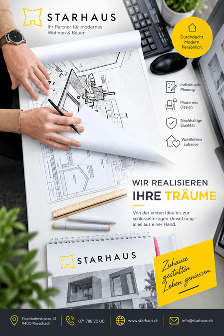 Wir realisieren Ihre Wohnträume. Ein Zuhause soll mehr sein als vier Wände – es soll zu Ihrem Leben passen. STARHAUS baut Häuser und begleitet Sie von der ersten Idee bis zur individuellen Umsetzung. Dabei entstehen Räume, in denen modernes Design, Qualität und persönliches Wohlfühlen zusammenkommen. ✨ Individuelle Planung ✨ Modernes Design ✨ Nachhaltige Qualität ✨ Wohlfühlen zuhause Lassen Sie uns gemeinsam Ihr Zuhause gestalten! Eisenbahnstrasse 41, 9400 Rorschach